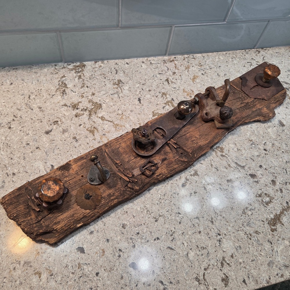 Vintage Industrial Reclaimed Wood Coat Rack Antique Doorknob Steampunk Wall Hook